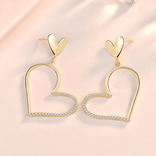 Modern Irregular Big Hollow CZ Heart 925 Sterling Silver Dangling Earrings