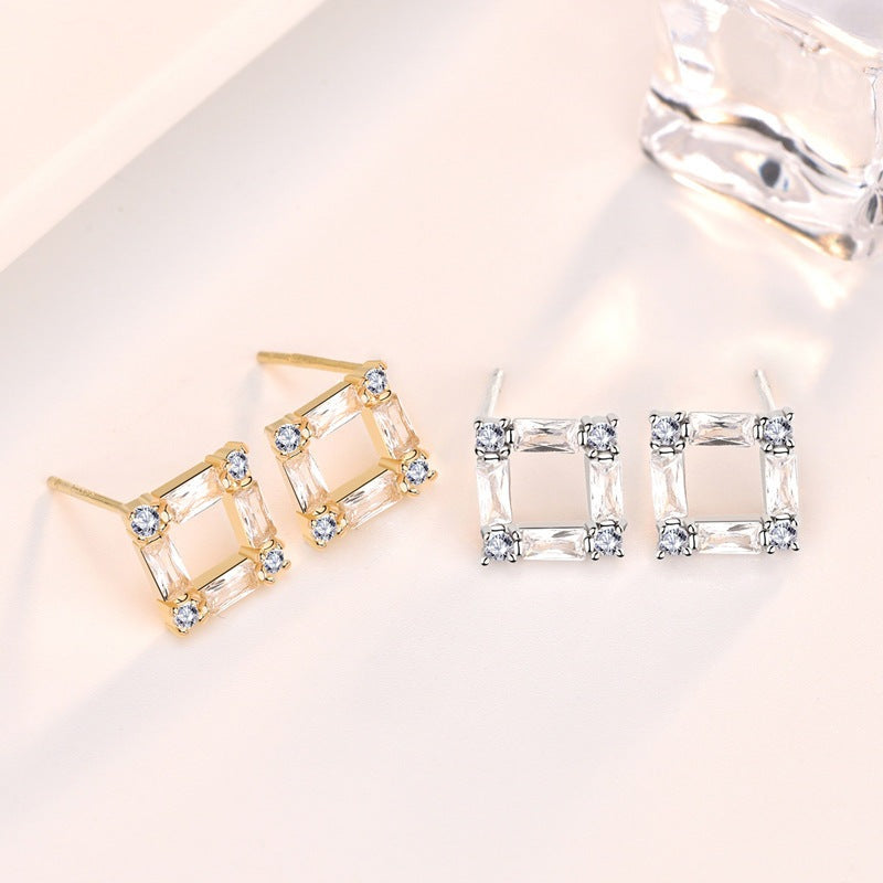 Office Geometry CZ Hollow Square 925 Sterling Silver Stud Earrings