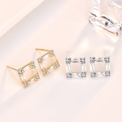 Office Geometry CZ Hollow Square 925 Sterling Silver Stud Earrings