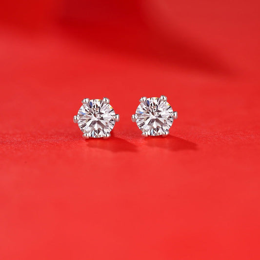 Simple Six Claw Round Moissanite CZ 925 Sterling Silver Stud Earrings